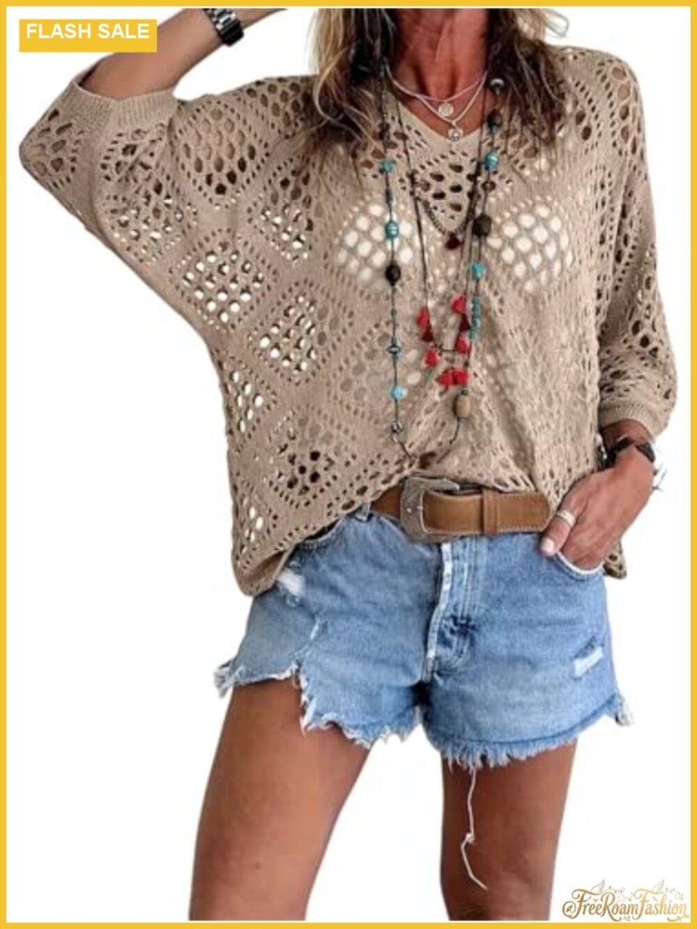 Boho Crochet Knit Long Sleeve Beach Cover Up V-Neck Sweater